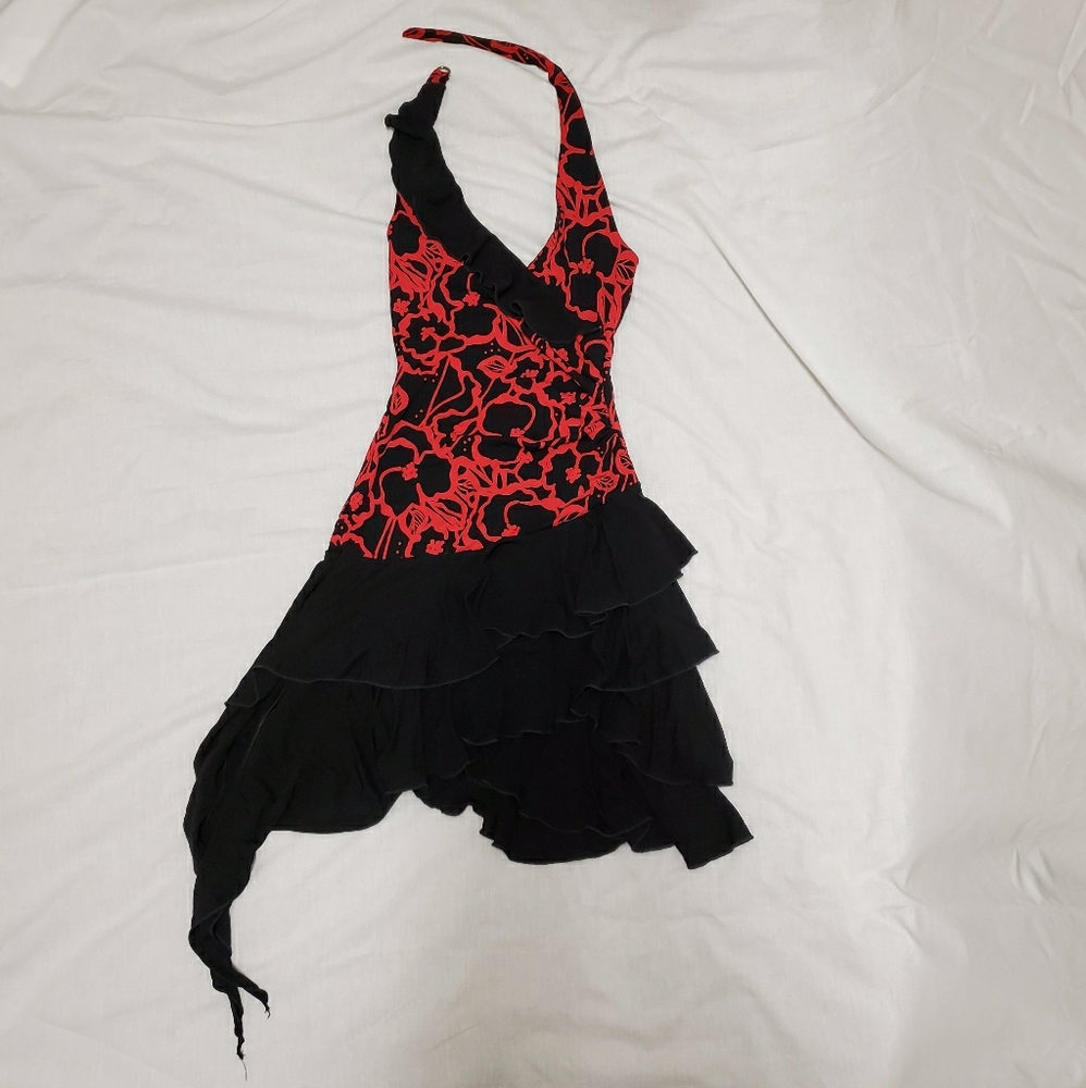 BEBE, Red & Black Asymmetrical Cocktail Dress, XS